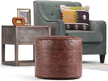 Pouf Round Distressed Brown with Cross Stitch Detail Boho Ottoman