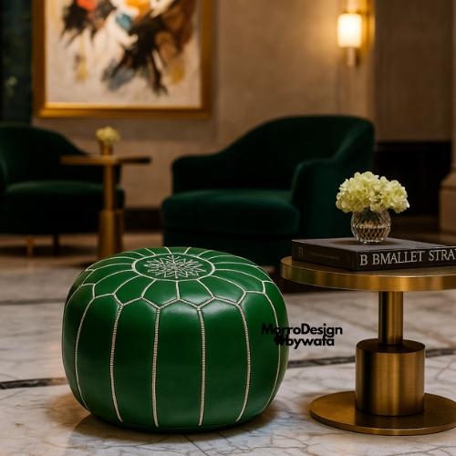 Pouf Round Emerald Green Velvet Vertical Seaming Cozy