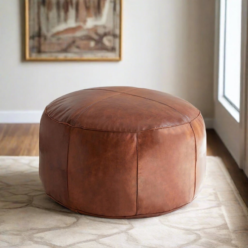 Pouf Round Hand-Stitched Detail Tan Leather-Like Bohemian Seating