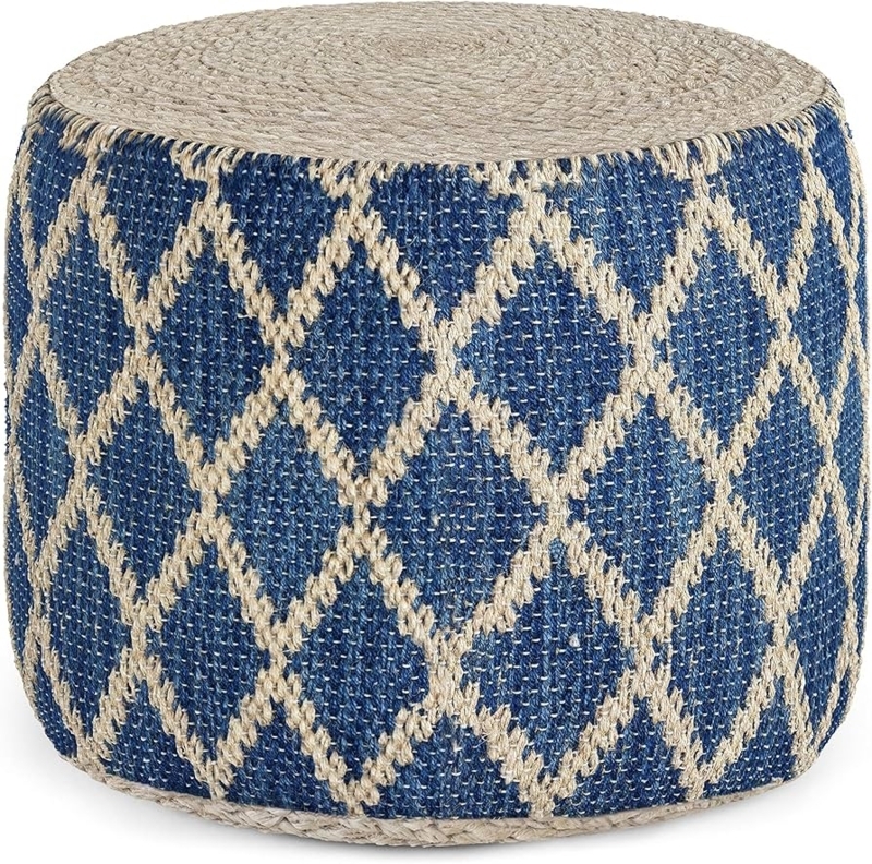 Pouf Round Handwoven Jute Blue Diamond Motif Coastal Style