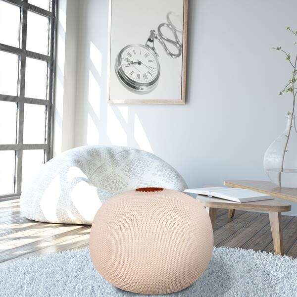 Pouf Round Low Profile Braided Texture Cream Boho Style