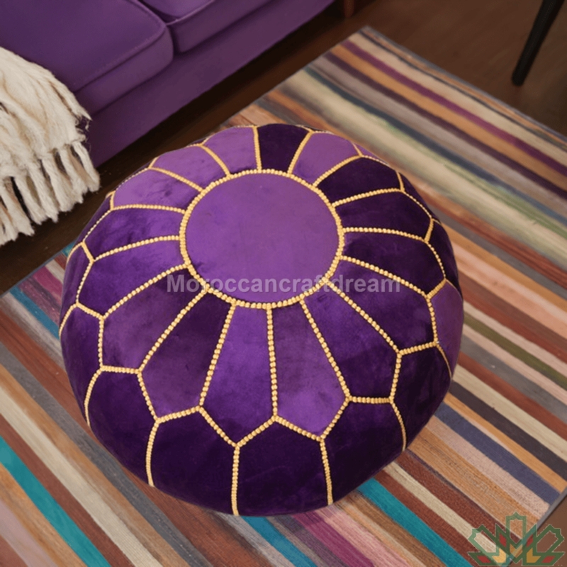Pouf Round Moroccan Embroidered Details and Tassels Purple Velvet
