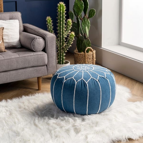 Pouf Round Moroccan Embroidered Star Pattern Cotton