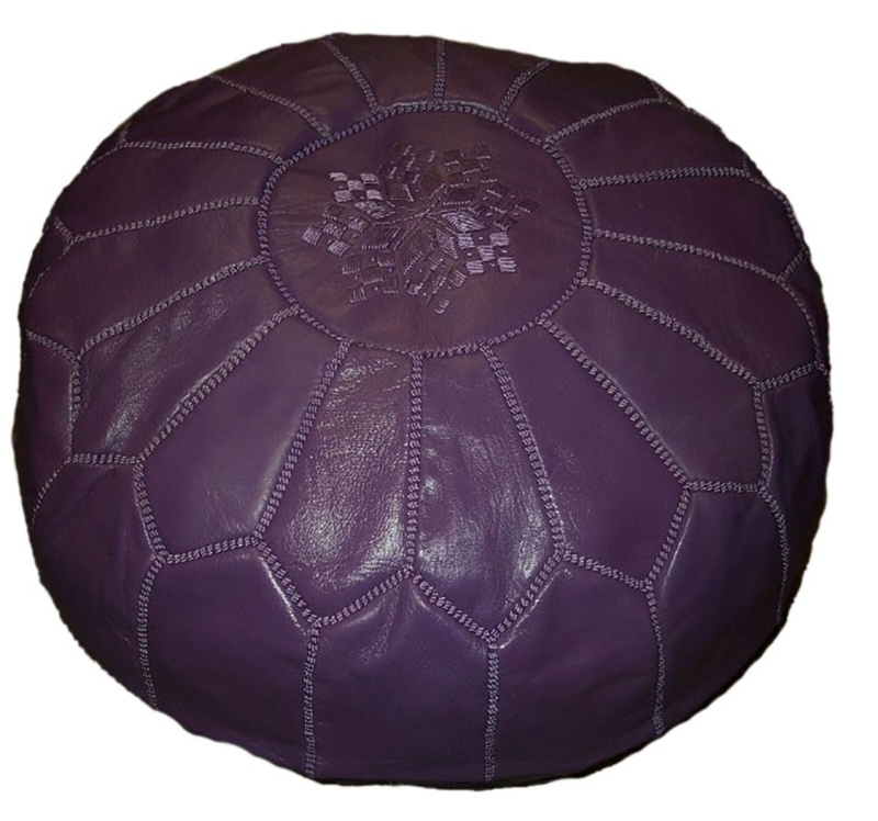 Pouf Round Moroccan Embroidered Top Purple Leather Like Material