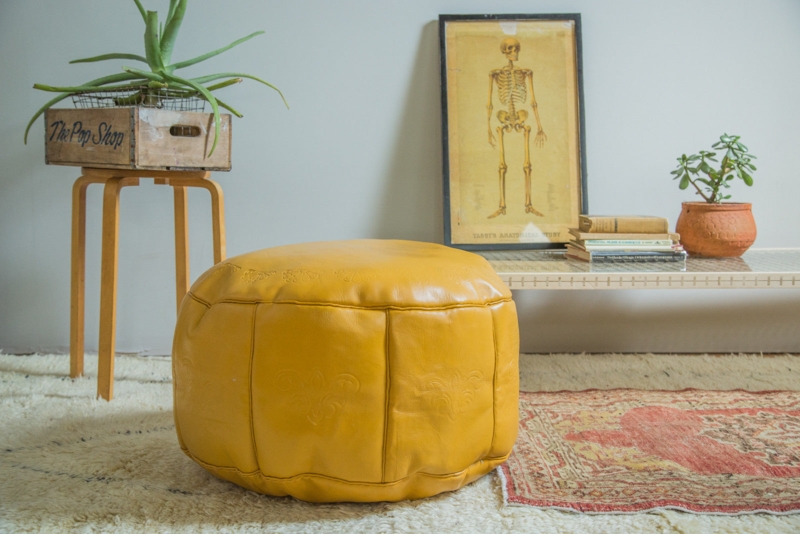 Pouf Round Mustard Leather Moroccan Embroidered Panels