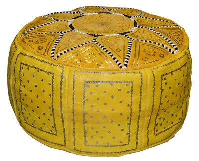 Pouf Round Saffron Leather Moroccan Star Embroidery