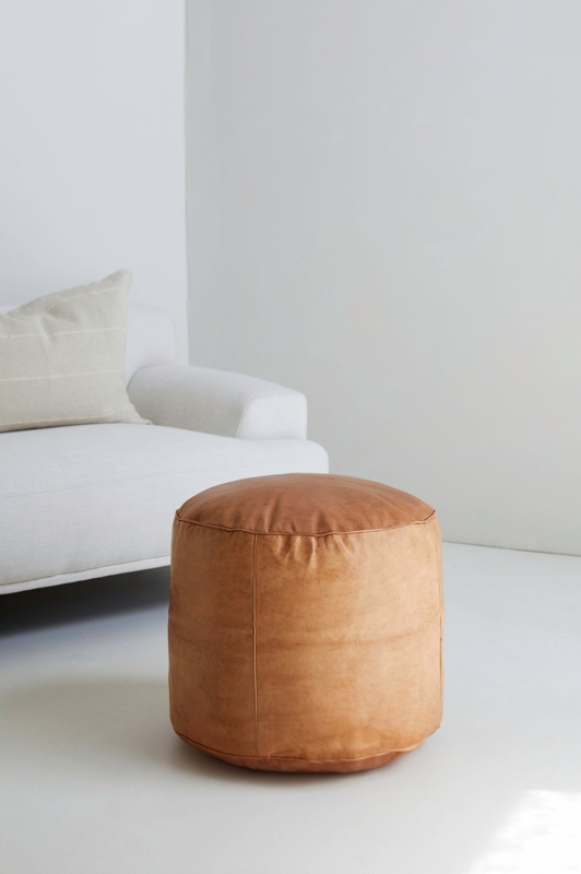 Pouf Round Sand Leather-Like Piped Edges Boho Chic Footstool Decor
