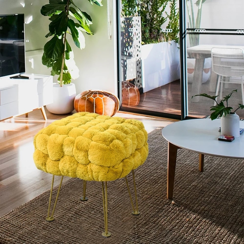 Pouf Round Shaggy Mustard Yellow Faux Fur Eclectic Seat