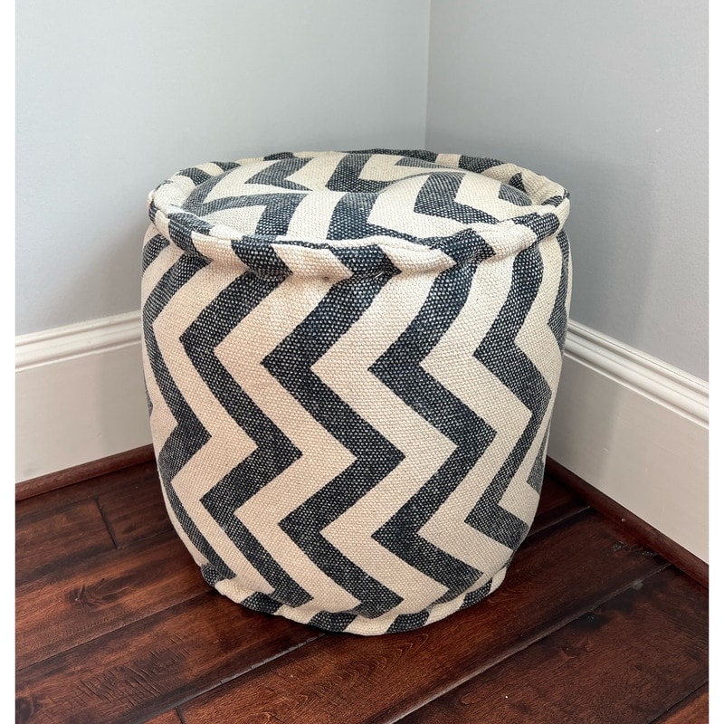 Pouf Round Shape Flat Top Woven Texture Monochrome Chevron Seating