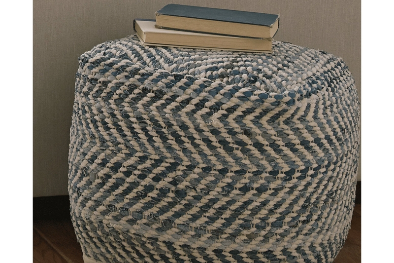 Pouf Round Silhouette Chunky Knit Texture Blue Knitted Floor Ottoman