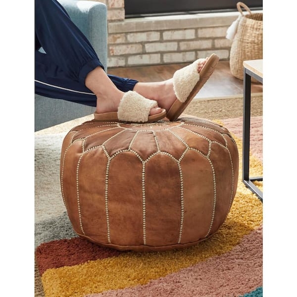 Pouf Round Tan Brown Star Stitching Moroccan Style Floor Seating