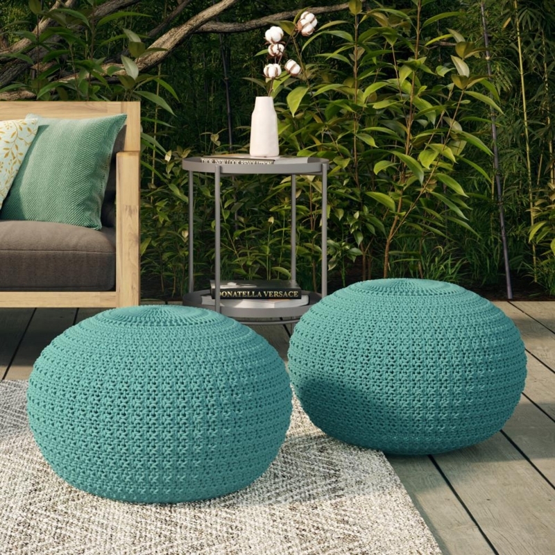 Pouf Round Teal Chunky Knit Bohemian Coastal Outdoor
