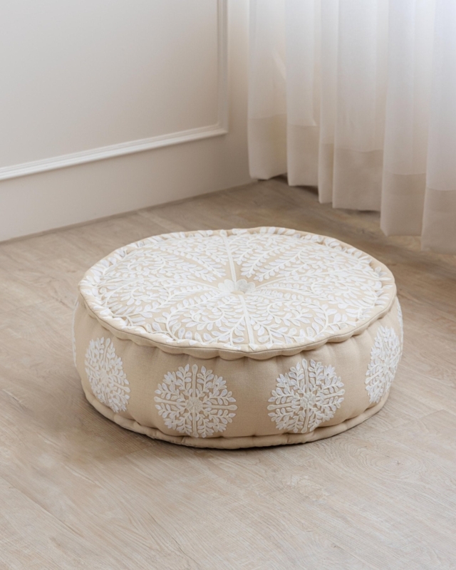 Pouf Round Vibrant Suzani Embroidery Floral Pattern Multicolor