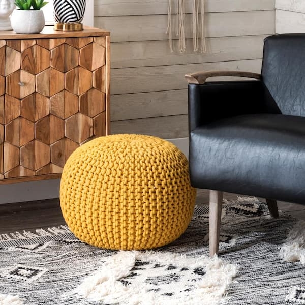 Pouf Round Vibrant Yellow Chunky Cable Knit Boho Sphere