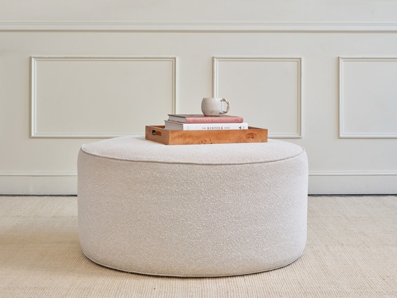 Pouf, Sage Green Boucle Cylinder, Organic Modern Style