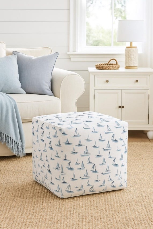 Pouf Sailboat Motif Nautical Pattern Cylindrical Shape Playful Accent