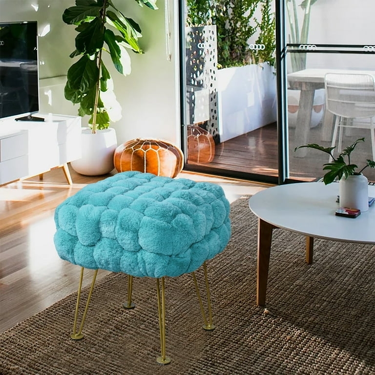 Pouf Shaggy Aqua Faux Fur Cube for Glam Living Room