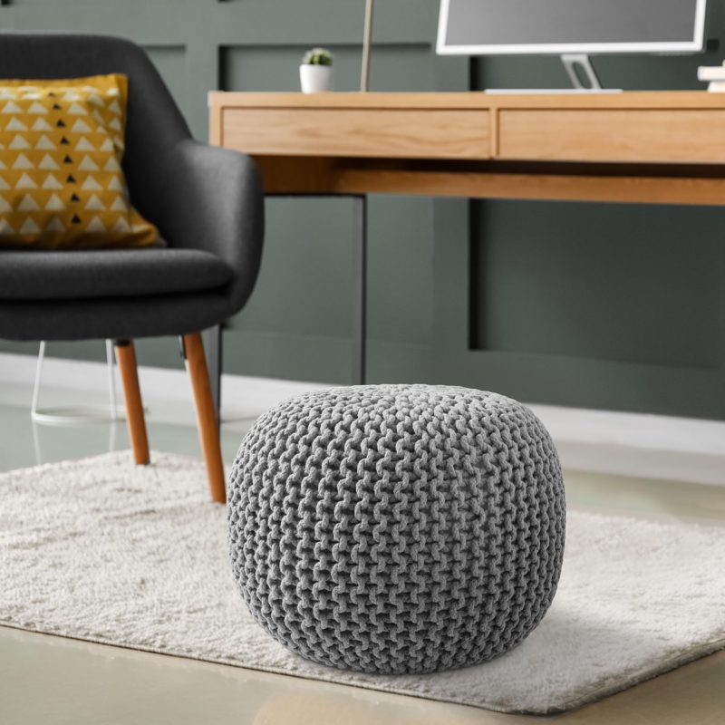 Pouf Spherical Shape Chunky Knit Cotton Modern Footstool