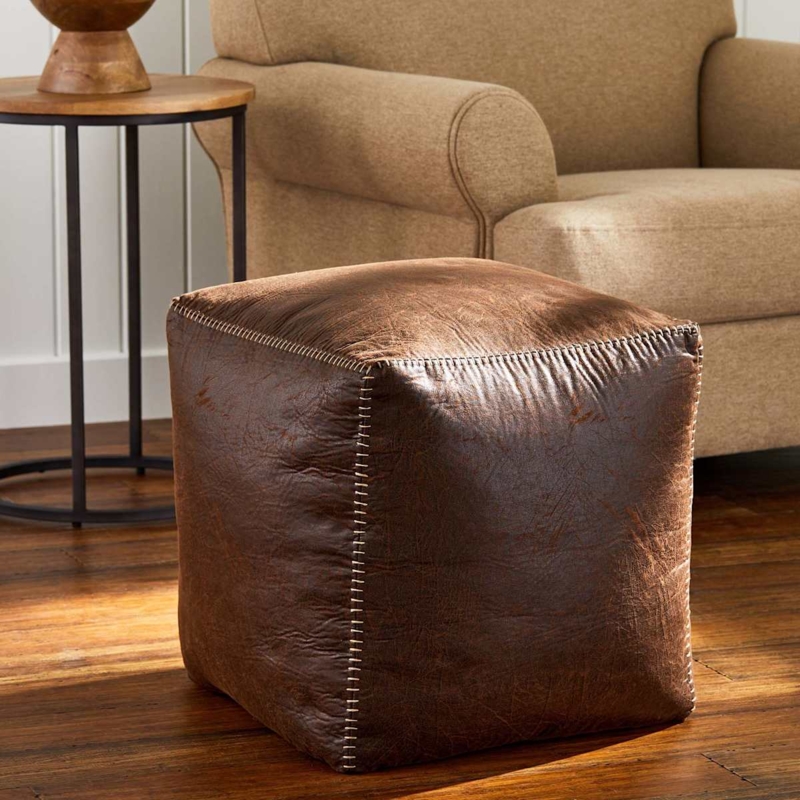 Pouf Square Baseball Stitch Faux Leather Modern Rustic Floor Cushion