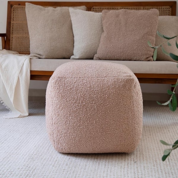 Pouf, Square Boucle Texture, Taupe, Mid-Century Modern Accent