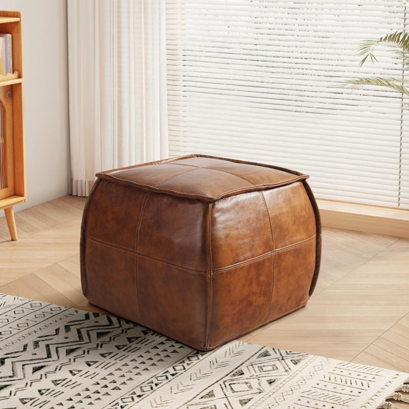Pouf Square Cognac Button Tufted Top Artisan Stitching Bohemian