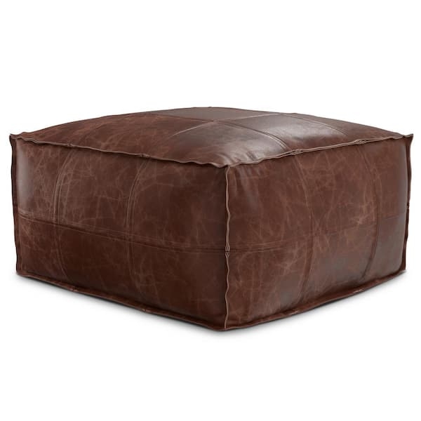 Pouf Square Cognac Distressed Central Tuft Boho Floor Ottoman