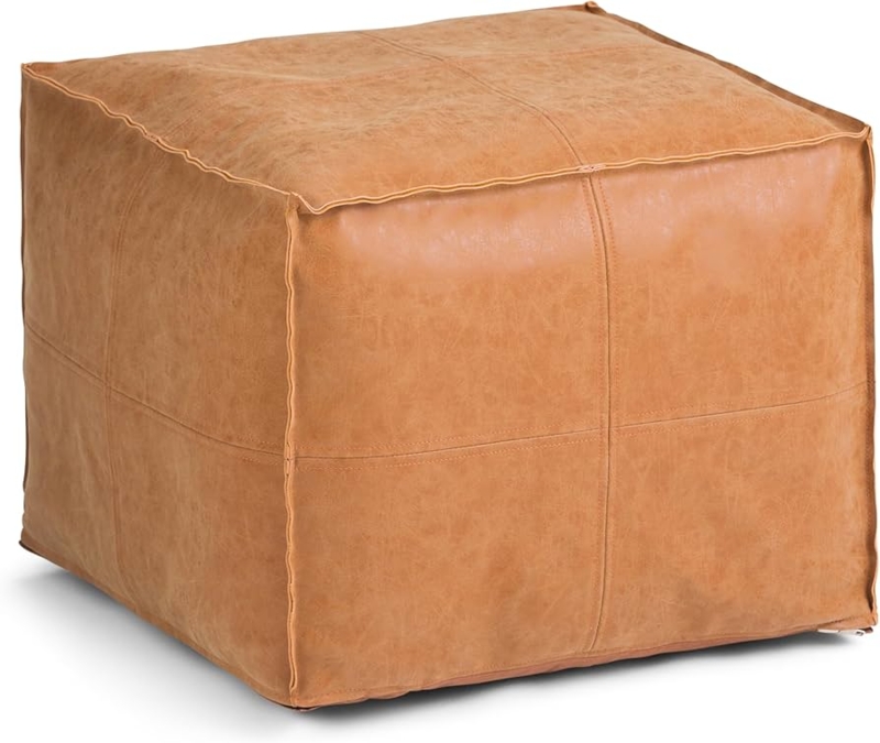Pouf Square Distressed Brown Paneled Stitching Boho Ottoman