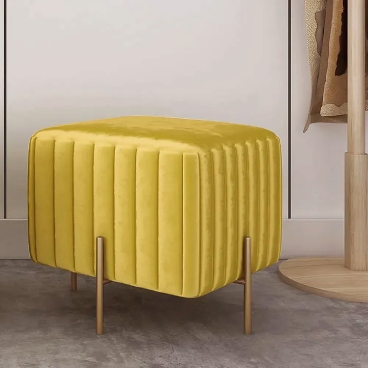 Pouf Square Mustard Yellow Velvet Ribbed Channel Tufted