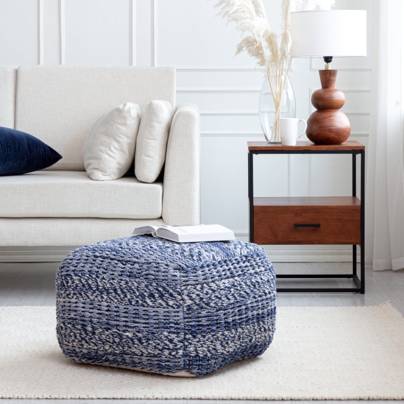 Pouf Square Nautical Striped with Piped Edges