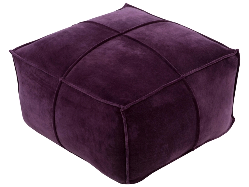 Pouf Square Pleated Sides Dark Plum Velvet with Tufted Center
