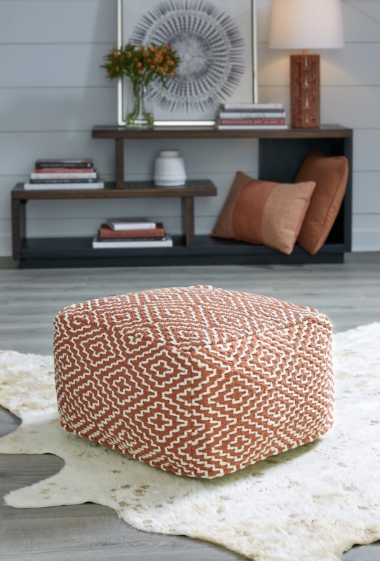 Pouf Square Rust Geometric Embroidery Ivory Bohemian Style