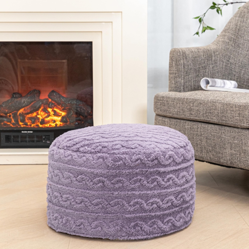 Pouf Square Shaggy Plush Texture Purple Fabric Floor Seating