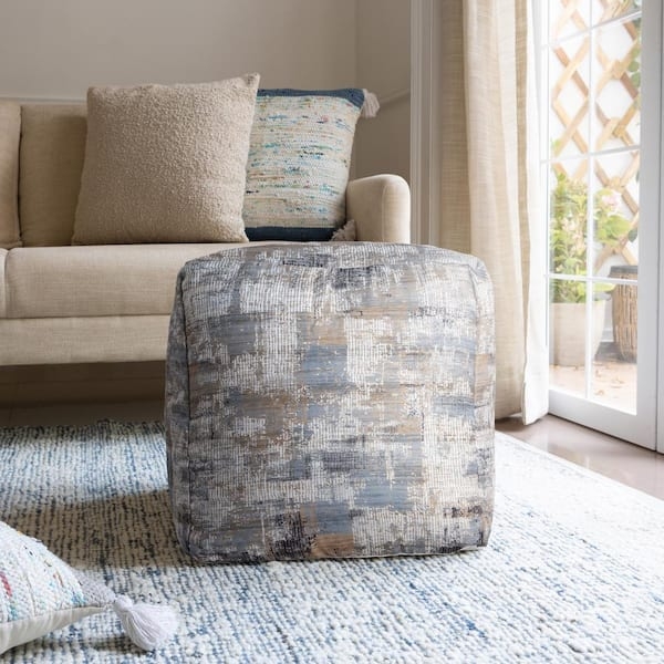 Pouf Square Silhouette Abstract Geometric Pattern Taupe Blue
