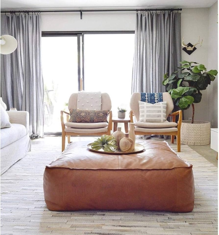 Pouf Square Tan Leather-Like Cross-Stitched Detail Bohemian Decor