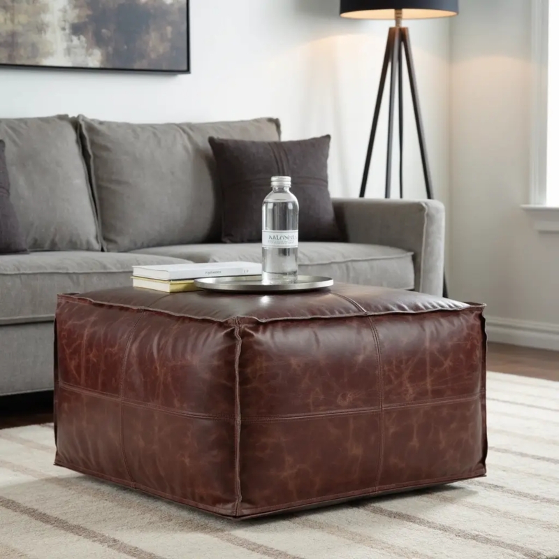 Pouf Square Tan Whipstitched Edges Geometric Embroidery Global