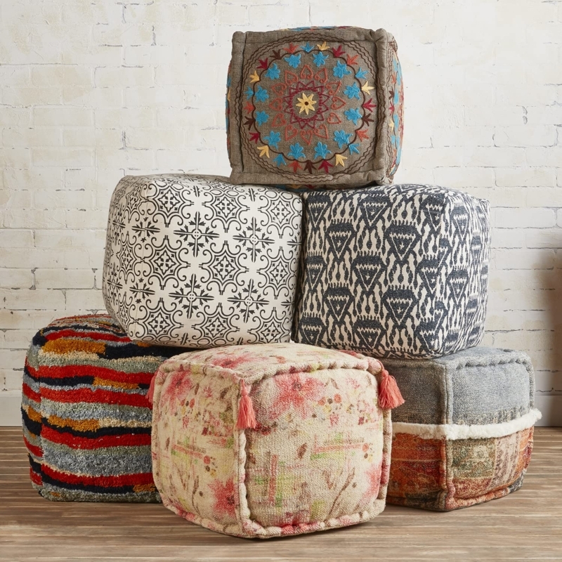 Pouf Square Tapestry Print Tassel Fringe Tufted Top Eclectic