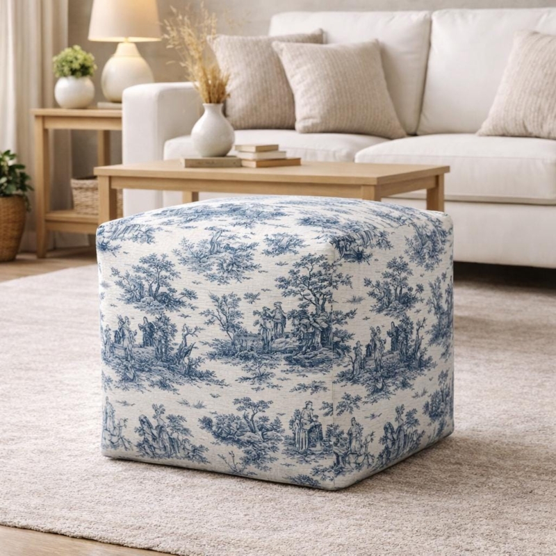 Pouf Square Traditional Toile Pattern with Fabric Handle
