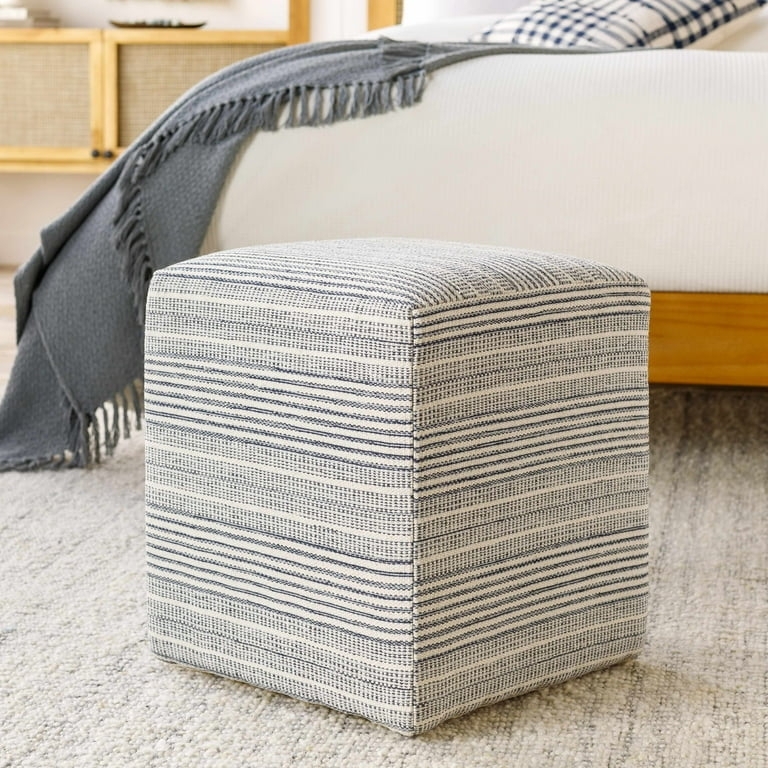 Pouf Square Woven Geometric Pattern with Corner Tassels Boho Style