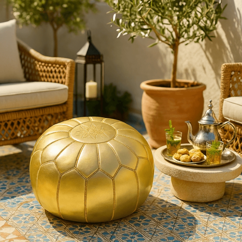 Pouf Stitched Panels Metallic Gold Leather Like