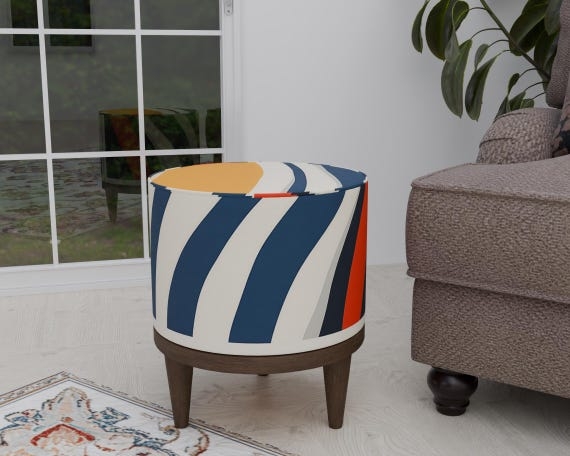 Pouf Stool with Colorful Patchwork Upholstery and Tapered Wood Legs