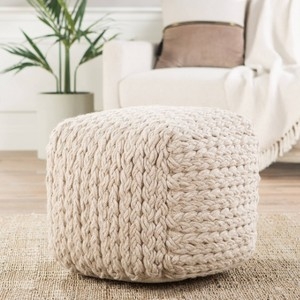 Pouf Tan Chunky Knit Square Wool Like Scandinavian Minimalist Woven
