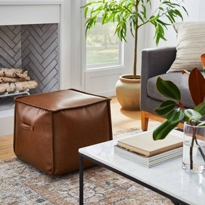 Pouf Tan Double-Stitched Leather-Look Square Footrest