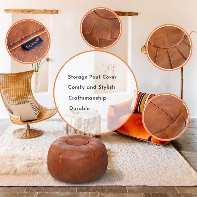 Pouf Tan Embroidered Top Storage Capable, Bohemian Living Room Seating