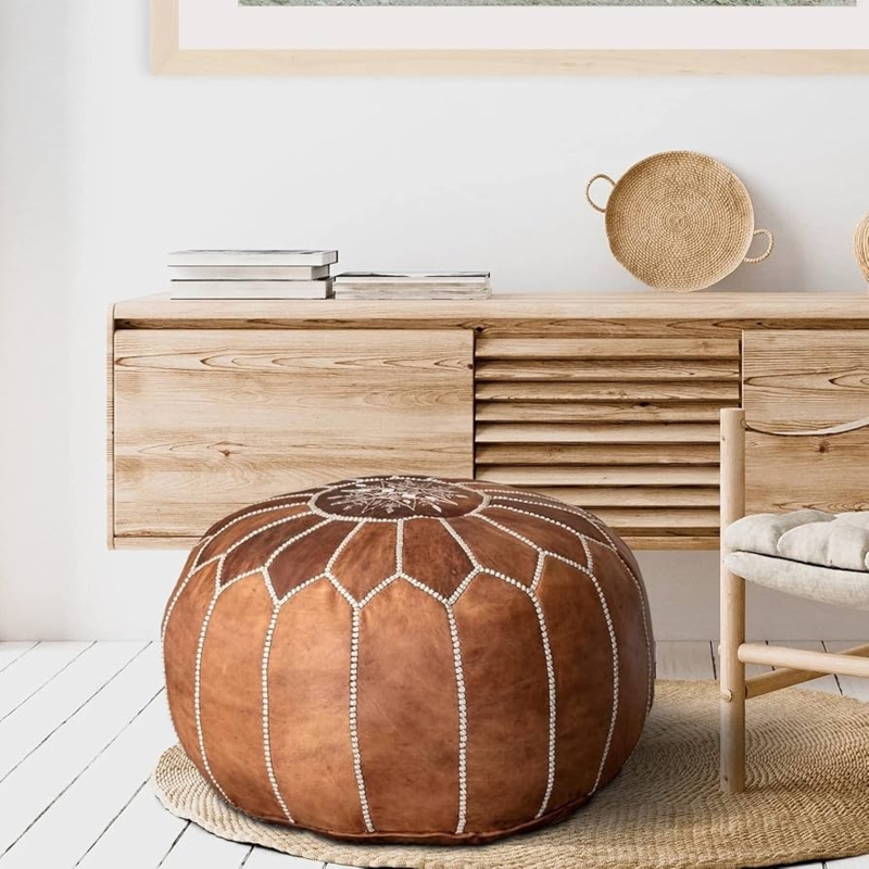 Pouf Tan Top Embroidery Paneled Moroccan Artisanal Ottoman