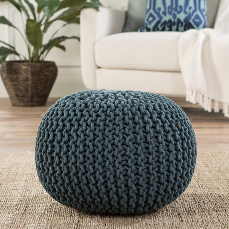 Pouf Teal Color Chunky Knit Round Woven Floor Seating