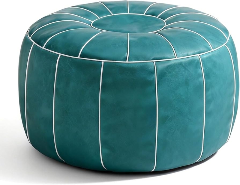 Pouf Teal Moroccan Embroidery Leather Like Cylindrical Boho