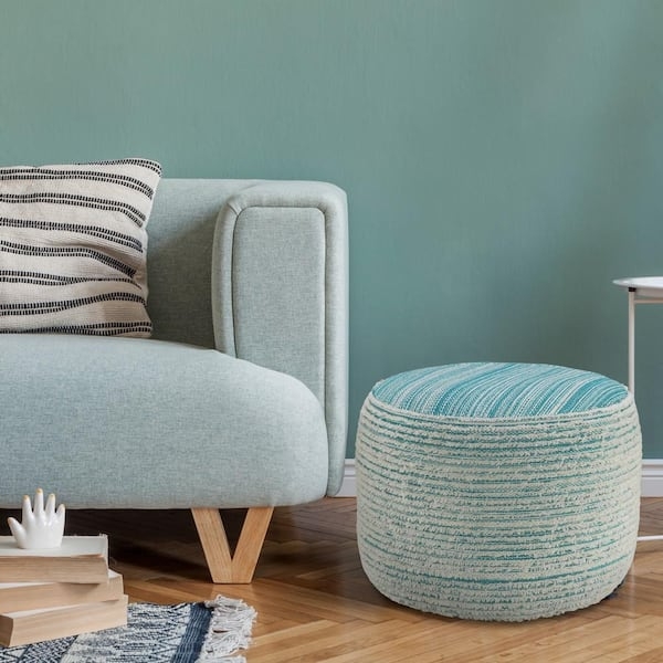 Pouf Tropical Leaf Pattern Distressed Aqua Square Coastal Boho