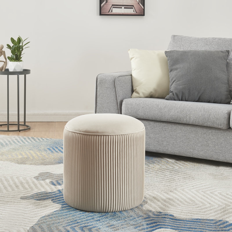 Pouf Velvet Texture Pleated Sides Taupe Modern Glam Style