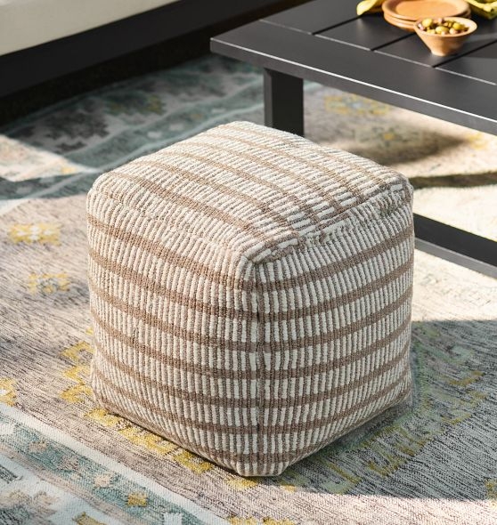 Pouf Vertical Stripes Drum Silhouette Black Cream Coastal