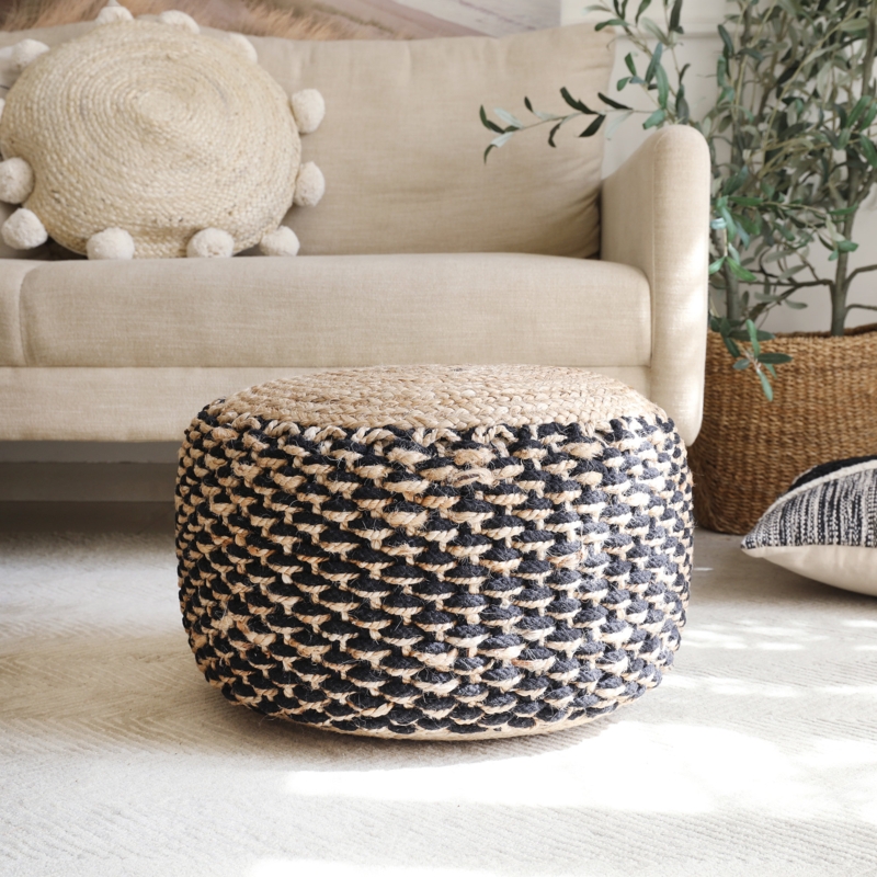 Pouf Vertical Stripes Woven Jute Bohemian Floor Cushion